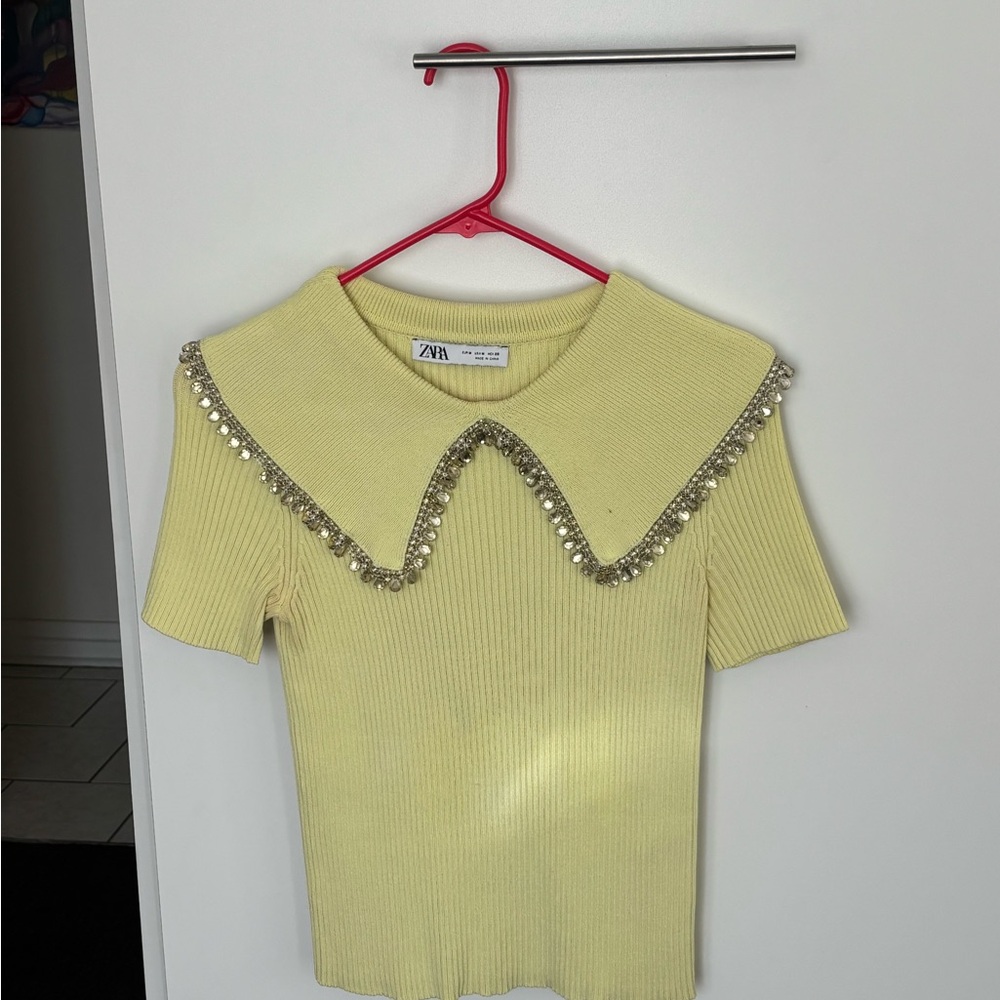 Zara Light Yellow Knit Top with Embellished Neckline